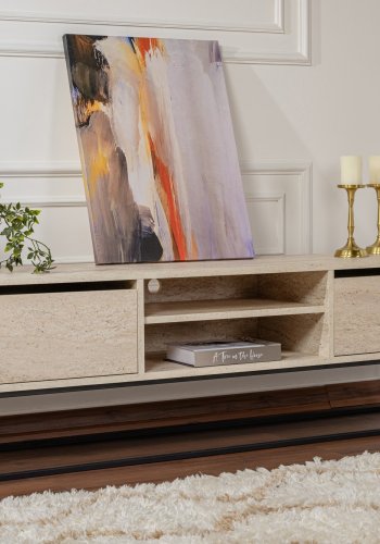 NORDVÄRK Escape 180 TV-bord, med 1 hylle og 2 skuffer - travertin melamin og svart jern (180x40)