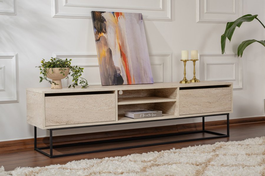 NORDVÄRK Escape 180 TV-bord, med 1 hylle og 2 skuffer - travertin melamin og svart jern (180x40)