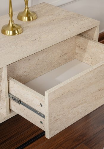 NORDVÄRK Escape 180 TV-bord, med 1 hylle og 2 skuffer - travertin melamin og svart jern (180x40)