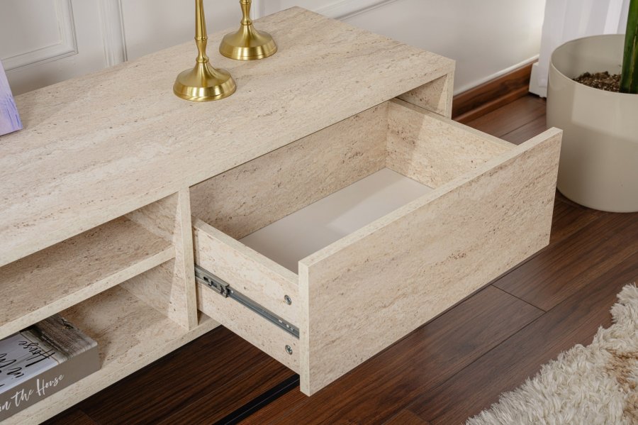 NORDVÄRK Escape 180 TV-bord, med 1 hylle og 2 skuffer - travertin melamin og svart jern (180x40)