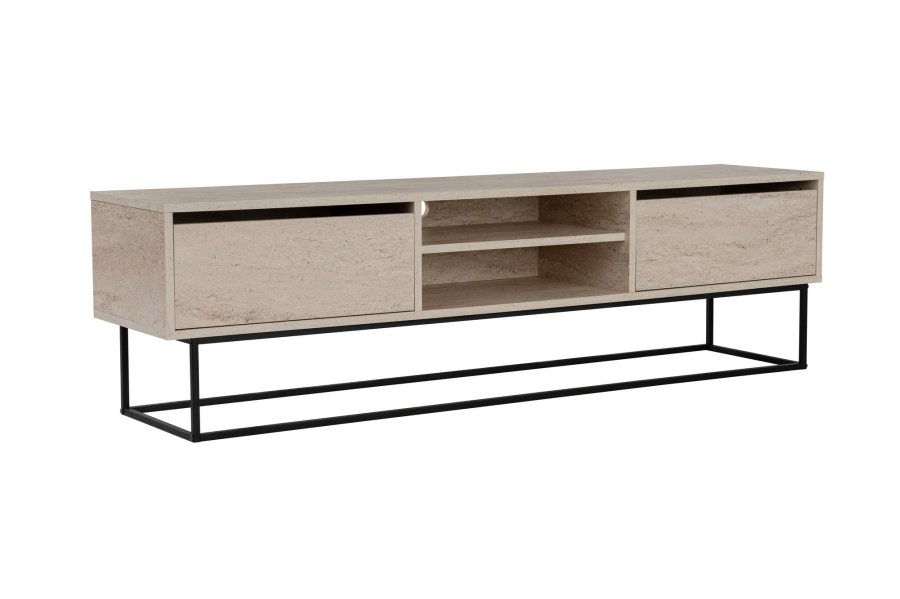 NORDVÄRK Escape 180 TV-bord, med 1 hylle og 2 skuffer - travertin melamin og svart jern (180x40)