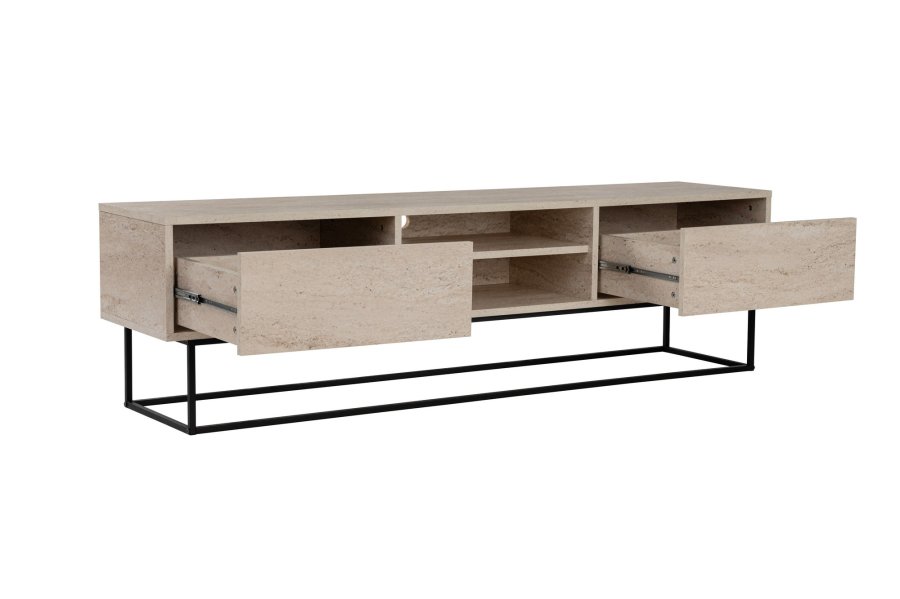NORDVÄRK Escape 180 TV-bord, med 1 hylle og 2 skuffer - travertin melamin og svart jern (180x40)