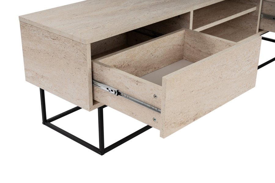 NORDVÄRK Escape 180 TV-bord, med 1 hylle og 2 skuffer - travertin melamin og svart jern (180x40)
