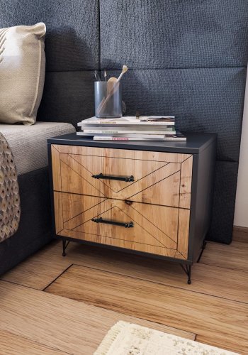 FUNZI LIVING Felicita nattbord, m. 2 skuffer - antrasittgr/eik melamin og metall (50x40)