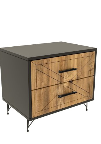 FUNZI LIVING Felicita nattbord, m. 2 skuffer - antrasittgr/eik melamin og metall (50x40)