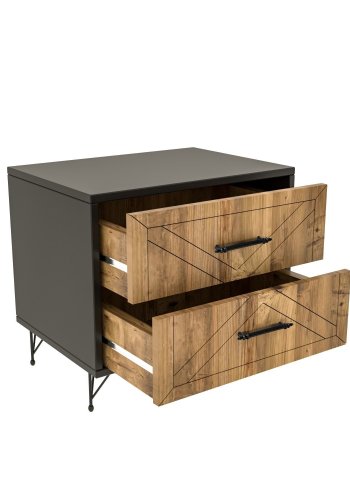 FUNZI LIVING Felicita nattbord, m. 2 skuffer - antrasittgr/eik melamin og metall (50x40)