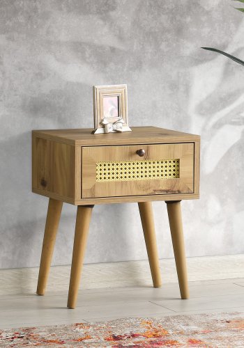 NORDVÄRK Euromos Nachttisch, mit Schublade - eichenfarbenes Melamin und Holz (40x35)