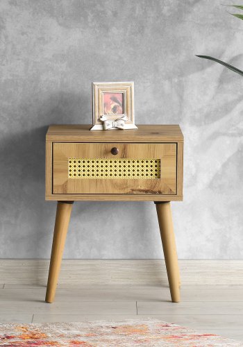 NORDVÄRK Euromos Nachttisch, mit Schublade - eichenfarbenes Melamin und Holz (40x35)
