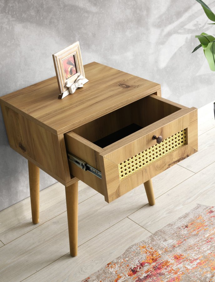 NORDVÄRK Euromos Nachttisch, mit Schublade - eichenfarbenes Melamin und Holz (40x35)