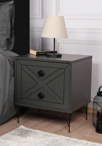 FUNZI LIVING Luna nattbord, m. 2 skuffer - antrasittgr melamin og antrasittgr metall (50x40)