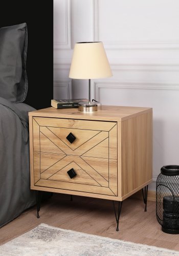 FUNZI LIVING Luna nattbord, m 2 skuffer - furumelamin og metall (50x40)