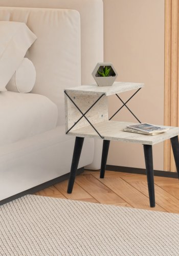 FUNZI LIVING Kryss nattbord, med bunnhylle - travertin melamin og svart bk (50x40)