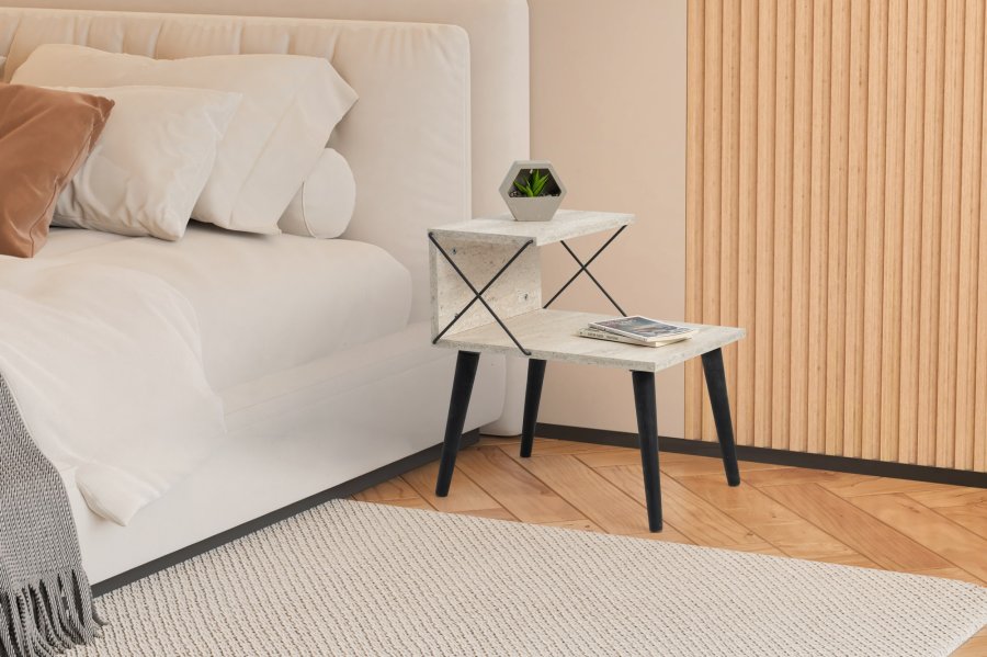 FUNZI LIVING Kryss nattbord, med bunnhylle - travertin melamin og svart bk (50x40)