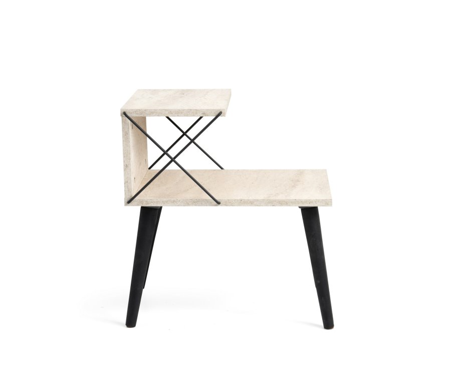 FUNZI LIVING Kryss nattbord, med bunnhylle - travertin melamin og svart bk (50x40)