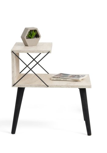 FUNZI LIVING Kryss nattbord, med bunnhylle - travertin melamin og svart bk (50x40)