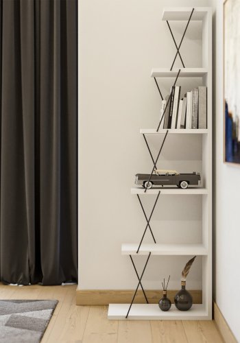 FUNZI LIVING Tlos Bücherregal, m. 6 Regale - weißes Melamin und schwarzes Metall