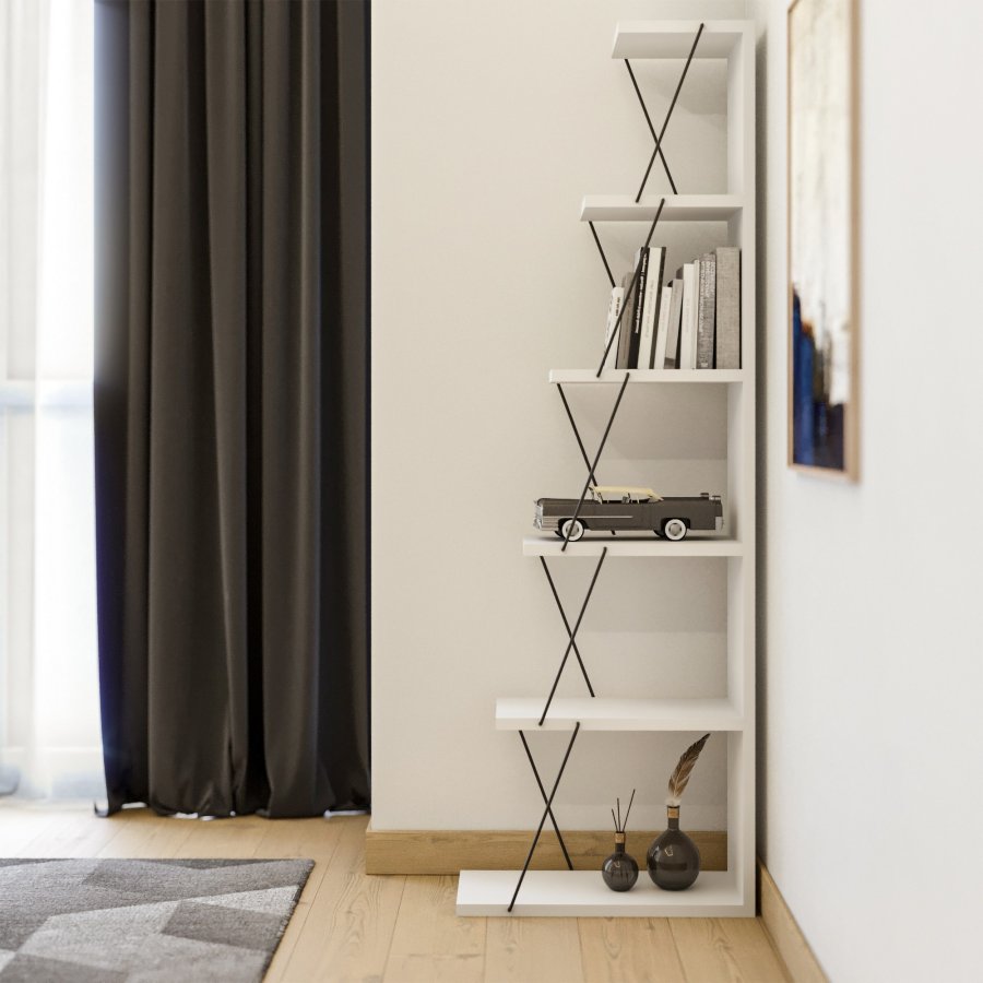 FUNZI LIVING Tlos Bücherregal, m. 6 Regale - weißes Melamin und schwarzes Metall