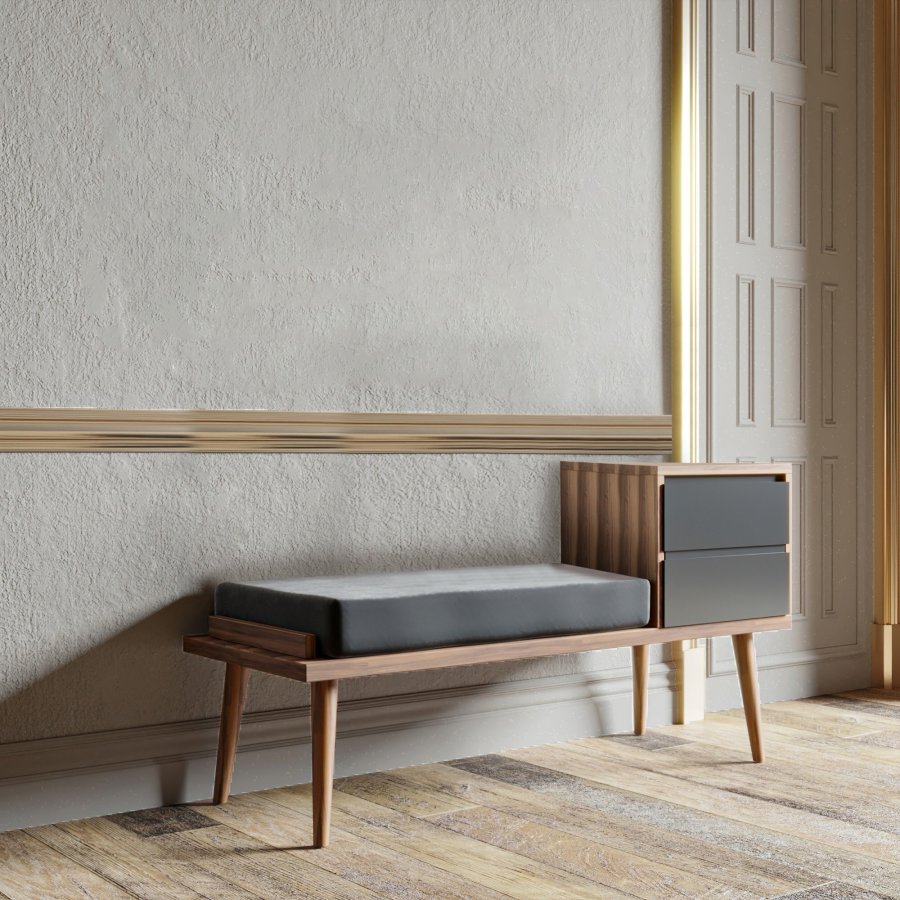 NORDVRK Fiume inngangsbenk, med pute og 2 skuffer - valntt og antrasittgr melamin (120x45)