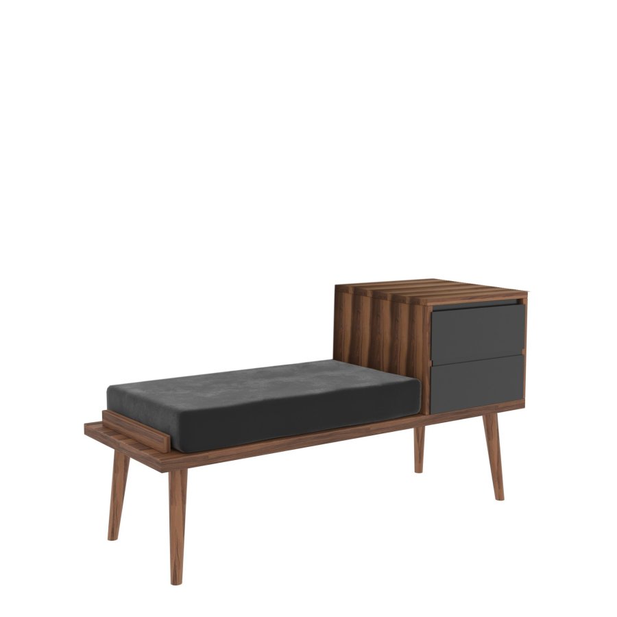 NORDVRK Fiume inngangsbenk, med pute og 2 skuffer - valntt og antrasittgr melamin (120x45)