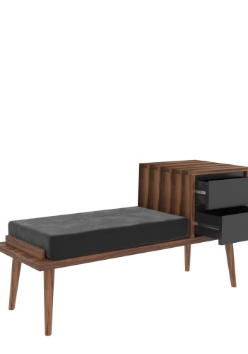 NORDVRK Fiume inngangsbenk, med pute og 2 skuffer - valntt og antrasittgr melamin (120x45)