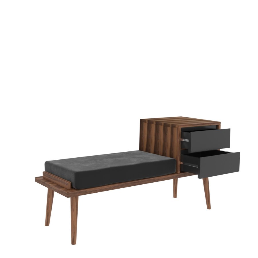 NORDVRK Fiume inngangsbenk, med pute og 2 skuffer - valntt og antrasittgr melamin (120x45)