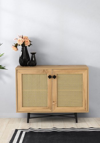 FUNZI LIVING Tarsus Schrank, m. 2 Türen und 1 Regal - eichenfarbenes Melamin und schwarzes Metall