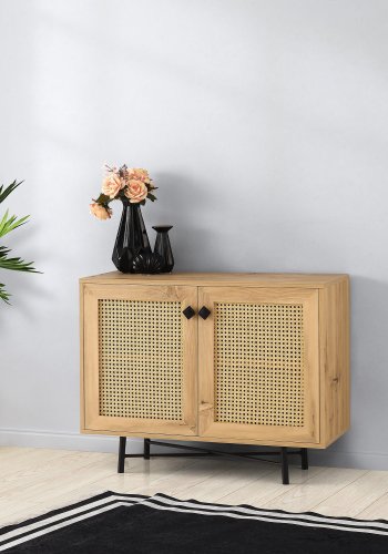 FUNZI LIVING Tarsus Schrank, m. 2 Türen und 1 Regal - eichenfarbenes Melamin und schwarzes Metall