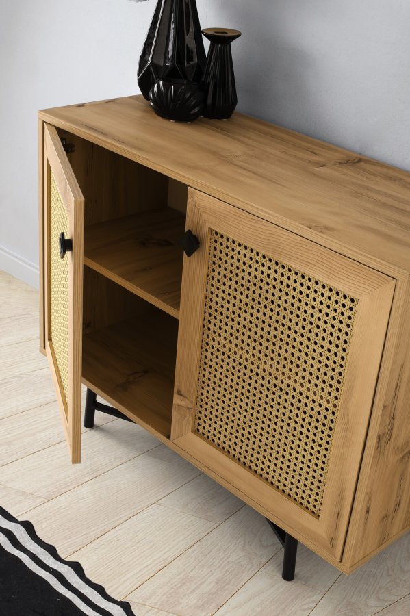 FUNZI LIVING Tarsus Schrank, m. 2 Türen und 1 Regal - eichenfarbenes Melamin und schwarzes Metall