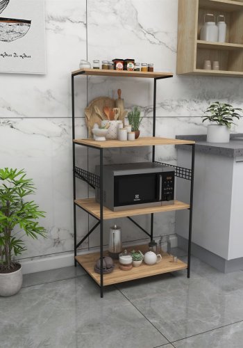 FUNZI LIVING Anemon Küchenregal, m. 4 Regale - kieferfarbenes Melamin und schwarzes Metall