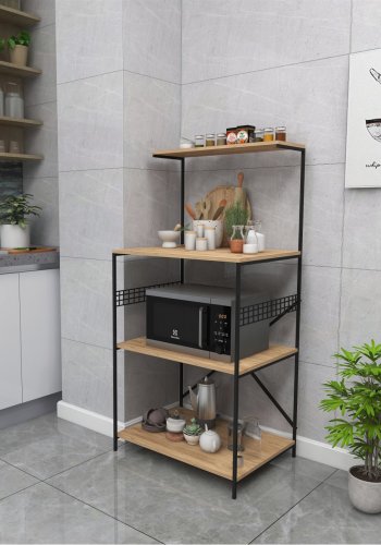 FUNZI LIVING Anemon Küchenregal, m. 4 Regale - kieferfarbenes Melamin und schwarzes Metall