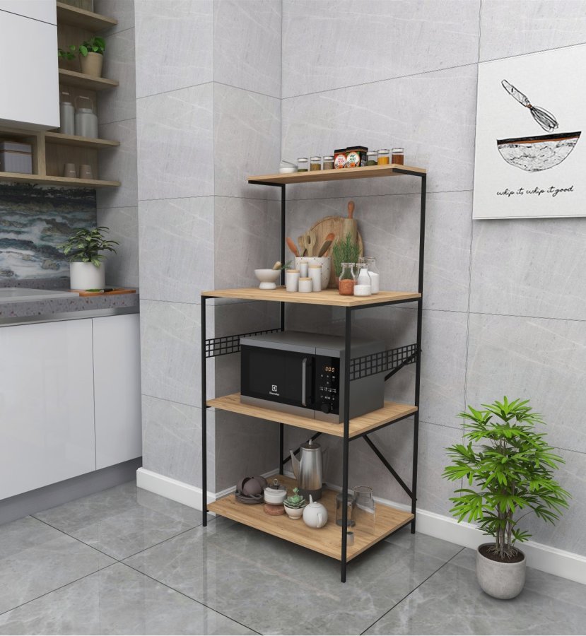 FUNZI LIVING Anemon Küchenregal, m. 4 Regale - kieferfarbenes Melamin und schwarzes Metall