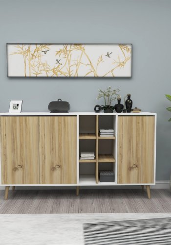 FUNZI LIVING Style Sideboard, m. 3 Türen und 6 Regalen - weißes und natürliches Melamin und Holz