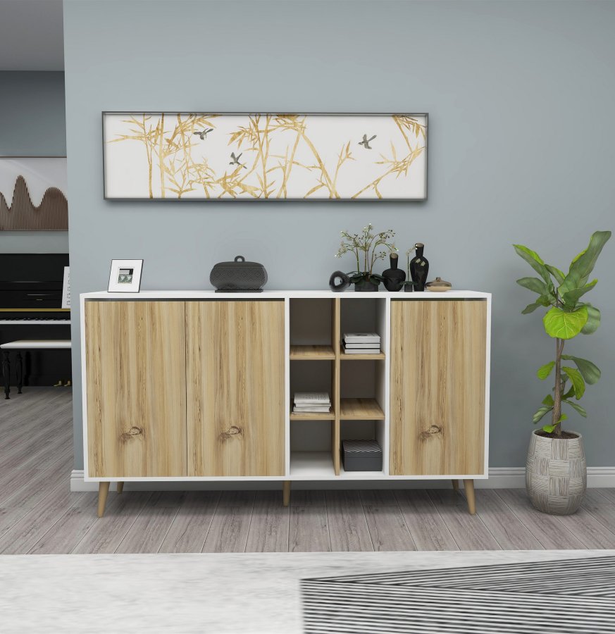 FUNZI LIVING Style Sideboard, m. 3 Türen und 6 Regalen - weißes und natürliches Melamin und Holz