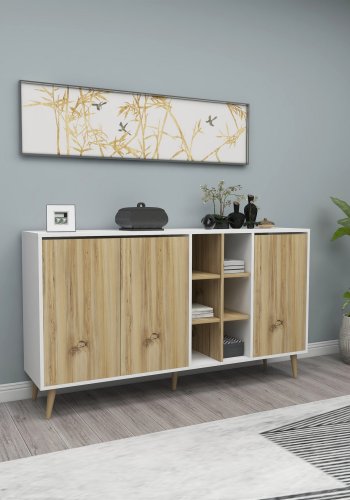 FUNZI LIVING Style Sideboard, m. 3 Türen und 6 Regalen - weißes und natürliches Melamin und Holz