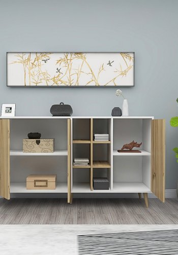 FUNZI LIVING Style Sideboard, m. 3 Türen und 6 Regalen - weißes und natürliches Melamin und Holz