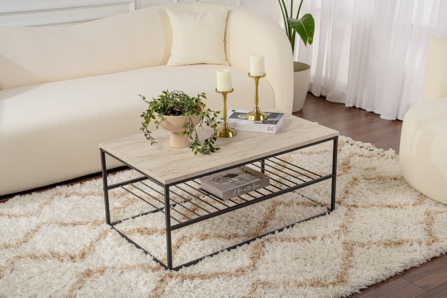 NORDVÄRK Asude salongbord, med 1 hylle - travertin melamin og svart metall (95x55)