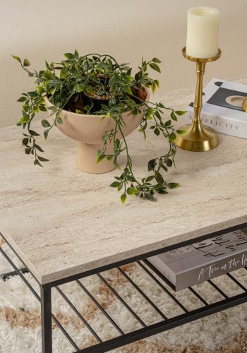 NORDVÄRK Asude salongbord, med 1 hylle - travertin melamin og svart metall (95x55)