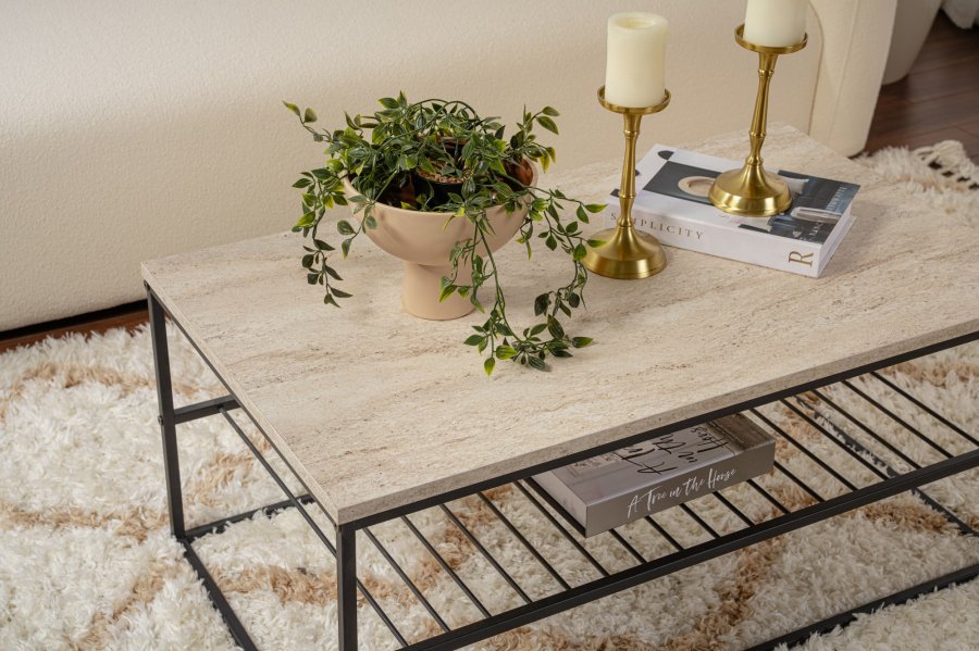 NORDVÄRK Asude salongbord, med 1 hylle - travertin melamin og svart metall (95x55)