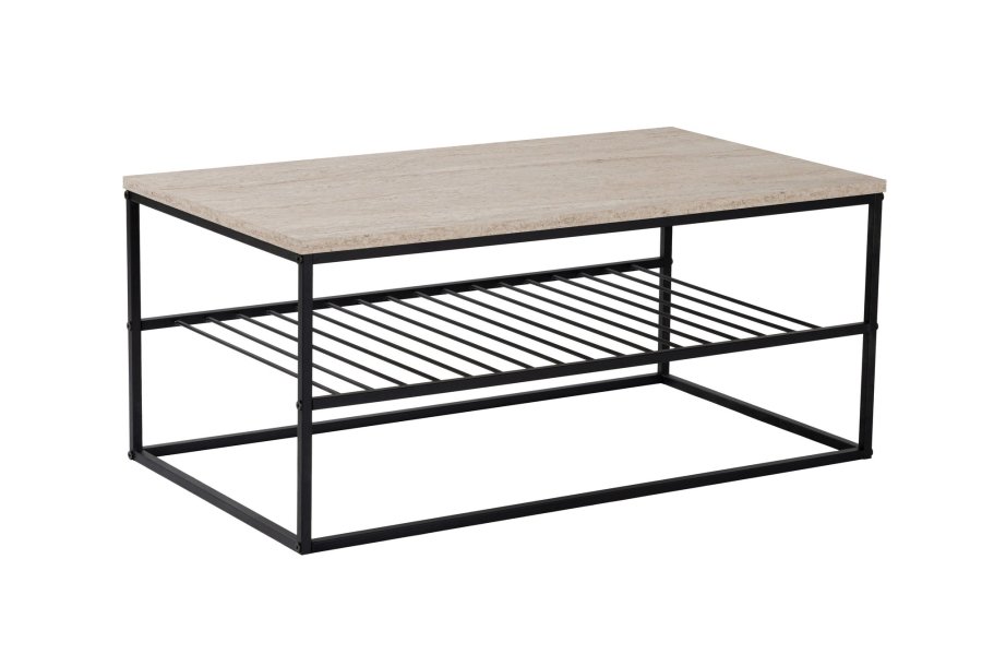 NORDVÄRK Asude salongbord, med 1 hylle - travertin melamin og svart metall (95x55)