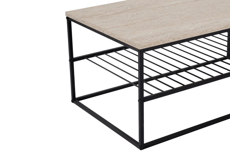 NORDVÄRK Asude salongbord, med 1 hylle - travertin melamin og svart metall (95x55)