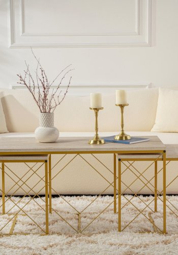 NORDVÄRK Defne sofabord - travertin melamin og guld metal (st med 3)