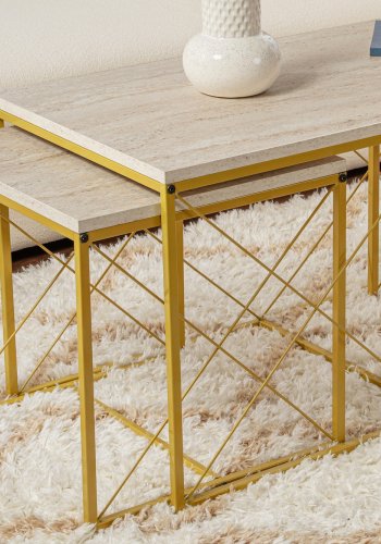 NORDVÄRK Defne sofabord - travertin melamin og guld metal (st med 3)