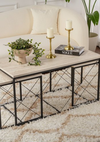 NORDVRK Defne salongbord - travertin melamin og svart metall (sett med 3)