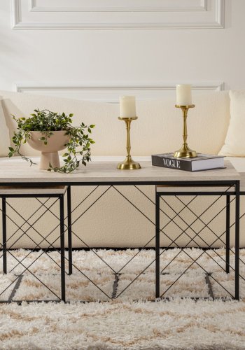 NORDVRK Defne salongbord - travertin melamin og svart metall (sett med 3)