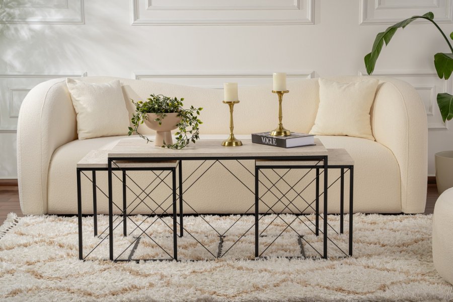 NORDVRK Defne salongbord - travertin melamin og svart metall (sett med 3)