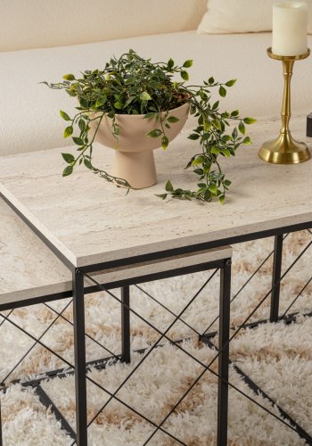 NORDVRK Defne salongbord - travertin melamin og svart metall (sett med 3)