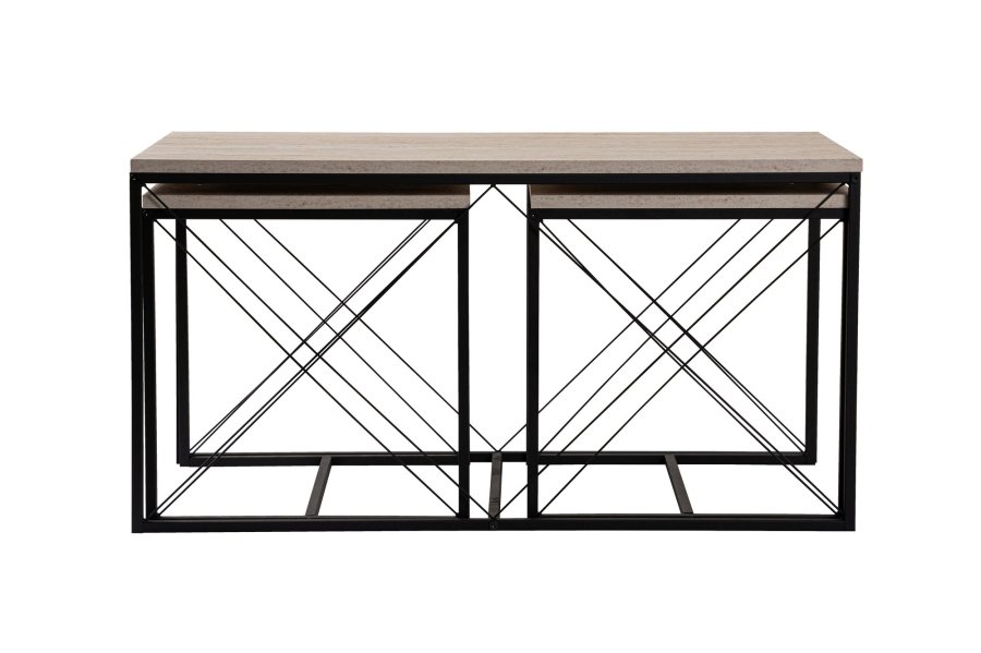 NORDVRK Defne salongbord - travertin melamin og svart metall (sett med 3)