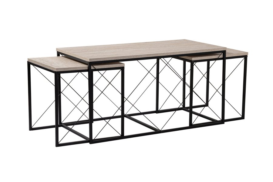 NORDVRK Defne salongbord - travertin melamin og svart metall (sett med 3)