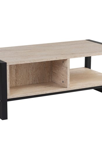 NORDVRK Haldizen salongbord, med 1 hylle og 1 skuff - travertin melamin og svart metall (105x55)