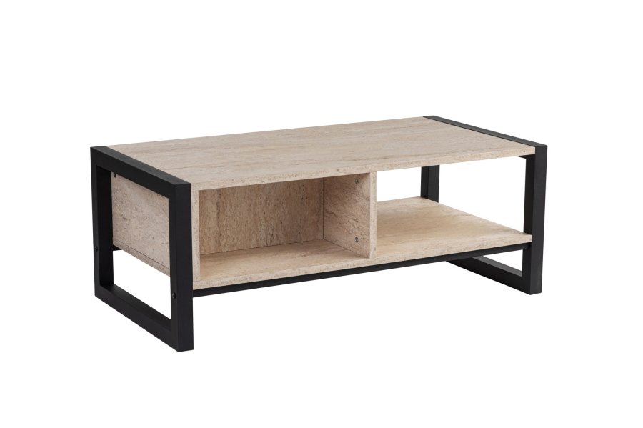 NORDVRK Haldizen salongbord, med 1 hylle og 1 skuff - travertin melamin og svart metall (105x55)